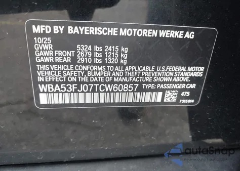 2026 BMW 530I xDrive from USA, damaged, VIN WBA53FJ07TCW60857